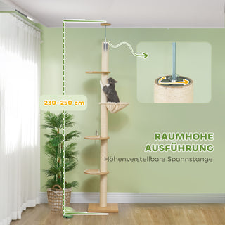 Kradsetræ, Lofthøjt Kradsetræ, 230-250 cm, Klatretræ med Hængekøje, Højdejusterbart Kradsetræ, Legetræ med Anti-Tip-beskyttelse, Plys, Eg + Cremehvid