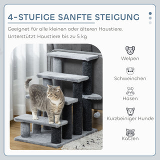 Kattetrappe 64 cm høj til seniorkatte, 4 trin med legebold og platform lavet af jute og plys i grå