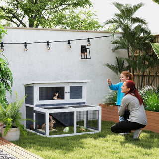 Kaninbur 2 etager med foldbart tag kaninbur lavet af massivt træ vintersikkert dobbelthus med udendørs indhegning 122x95x93,5 cm kaninbur udendørs smådyrsbur til kaniner grå