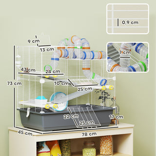 Hamsterbur 4-lags gnaverbur Smådyrsbur med løbehjul Foderskål Tunnelhytte Topdør, Smådyrsbur til hamstere Syriske hamstere 78 x 45 x 73 cm, Grå