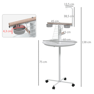 Papegøje Sæde med Stige, Gynge, Foderskåle, 60 x 60 x 138 cm, Hvid + Natur