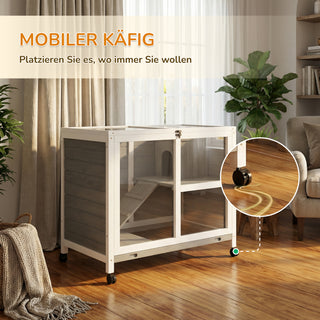 Smådyrsbur med 2 niveauer, 4 hjul, forseglet fyrretræ, grå