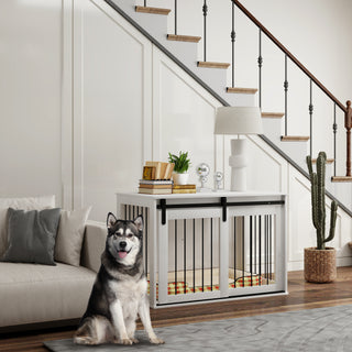 Hundebur til Hjemmet, Aflåseligt Hundehus med Indgang, Hundebur med Skydedør, Hundehus til Store Hunde under 30 kg, Hvid, 98 x 58 x 61 cm