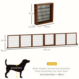 Hundegitter, 6-delt, 432 x 70 cm Sammenklappelig Dørgitter med 2 Støttefødder, Fritstående Hundegitter, Trappegitter til Mellemstore Hunde, Til Entre, Trapper, Kaffe