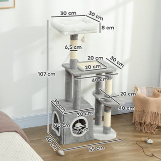 Kradsetræ 107 cm Kattetårn med Hule, 2 Plysbolde, Sisalstolper, Stor Platform, 55 x 40 x 107 cm, Grå