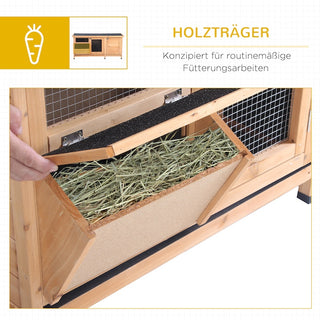 Vintersikkert kaninbur i træ, 112x50x54 cm, med bitumentag, 2 døre, metalnet, egnet til kaniner og marsvin, udendørs brug, natur/sort