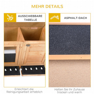 Vintersikkert kaninbur i træ, 112x50x54 cm, med bitumentag, 2 døre, metalnet, egnet til kaniner og marsvin, udendørs brug, natur/sort