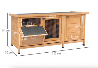 Vintersikkert kaninbur i træ, 112x50x54 cm, med bitumentag, 2 døre, metalnet, egnet til kaniner og marsvin, udendørs brug, natur/sort