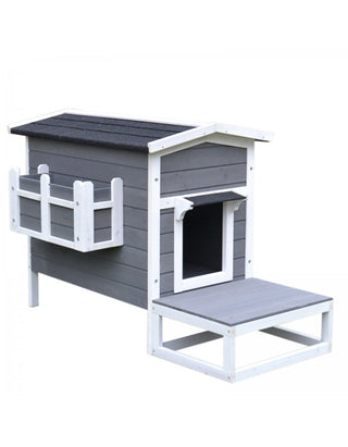 Kattehus med Terrasse og Balkon til Katte og Hunde, Grantræ Grå og Hvid, 115 x 66,5 x 74,7 cm