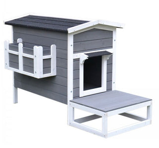 Kattehus med Terrasse og Balkon til Katte og Hunde, Grantræ Grå og Hvid, 115 x 66,5 x 74,7 cm
