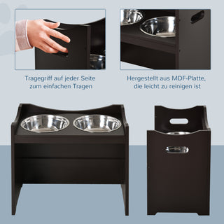 Højdejusterbar Hundeskål Foderstation med Rustfri Stålskål, til Hunde og Katte, MDF, Mørkebrun, 54 x 31,5 x 47 cm