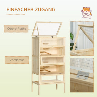 Hamsterbur lavet af træ 5 etager Nagarium gnaverbur smådyrsbur med gitter tagramper, træbur musebur stort bur til hamstere dværghamstere 60 x 40 x 120 cm naturligt træ