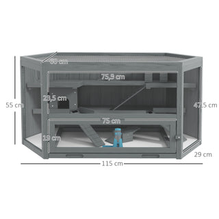 3-etagers gnaverbur, sekskantet bur til små dyr, træhus til små dyr, musebur, hamsterbur med hængslet låg, vindue, rampe, 115 x 60 x 55 cm grå