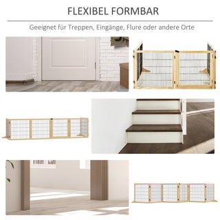 Hundesikkerhedsgitter med fodstøtte, tovejs foldbart, fyrretræ, metal, naturlig, 432x36x70cm