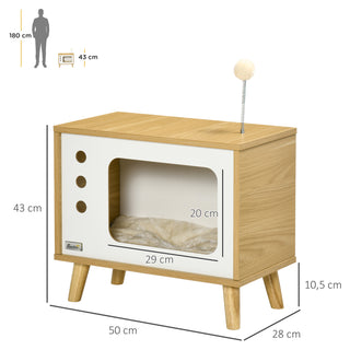 TV-Design Kattehus med Legebold og Pude Inkluderet, Kattekurv, Eg/Beige/Hvid, 50x28x43cm