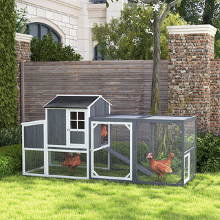 Hønsehus, 236,5 x 91 x 114 cm Hønsegård med Redekasse, Udendørs Indhegning, Træhønsehus med 2 Siddepinde, Vandtæt Maling, til 3-4 Høns, Grå