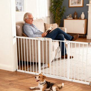 Türschutzgitter Hunde Absperrgitter Haustier 74-147,5cm Hundegitter 3 Verlängerungen treppenschutzgitter ohne Bohren Metall Weiß