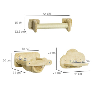 Klatrevægssæt til katte, 5 dele, med søde skyformede trapper, 2 kradsetræer, platforme og plyshængekøje, beige