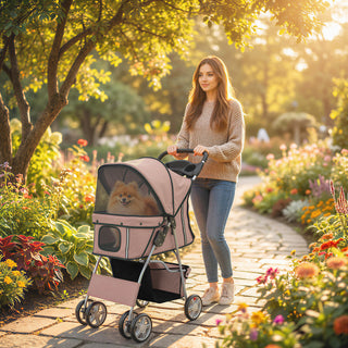 Sammenklappelig hundebåren/hundevogn med refleksstriber, opbevaringskurv og hynde til små hunde op til 10 kg, 77x44x102cm, kaffefarvet