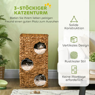 76 cm højt kradsetræ med 3 huler, vaskbar hynde, kradsetræ og kattetårn lavet af vandhyacint i lysebrun
