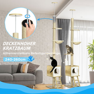 Lofthøjt kradsetræ 240-260 cm med kattehus og hængekøje i lysebrun og beige til aktive katte