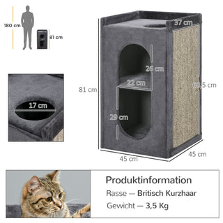 Kradsetønde til Katte med 2 kattehuler og 2 niveauer, Liggeplads med Sisal kradsemåtte, Plysdesign, 45x45x81 cm, Mørkegrå til Kateelskere