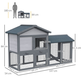 Smådyrsbur med løbegård, bur til små dyr, marsvinebur, udendørs marsvinebure, smådyrshus, fyrretræ, mørkegrå, 147 x 54 x 84 cm