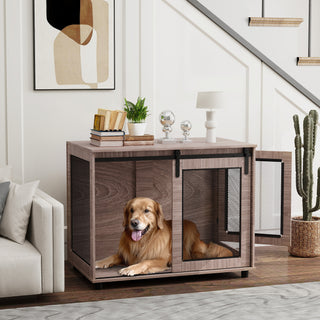 Hundeburmøbler, Hundebur med 2 låsbare døre, Sidebord til hjemmet, Hundehus til store hunde under 30 kg, Stål, 98 x 60 x 78 cm, Valnød