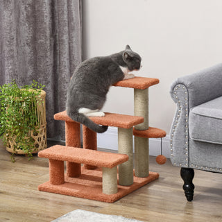 Kattetrappe, Kæledyrstrappe til Katte og Hunde, 3 Trin med Kradsetræer og Plysbold, Brun, 45x40x48cm for Mere Komfort