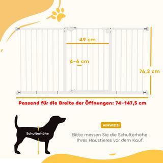 Türschutzgitter Hunde Absperrgitter Haustier 74-147,5cm Hundegitter 3 Verlängerungen treppenschutzgitter ohne Bohren Metall Weiß