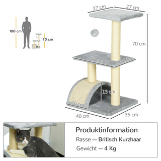 Kradsetræ 72 cm Kattetårn med Plysbolde, Sisalstolper, Platform, Kradsebræt, Kradsetræ i flere niveauer til katte, Klatretræ, til mellemstore katte, Lysegrå
