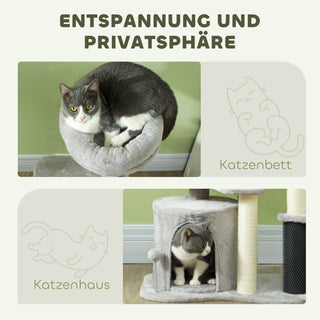 Kratzbaum 87 cm Katzenbaum mit Katzenhöhle, Bett, Spielbälle, Katzenkratzbaum mit Sisal-Kratzsäulen, für Katzen bis 5 kg, Hellgrau