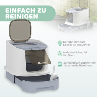 Kattebakke med låg, topindgang, ske, udtrækkelig bakke til katte op til 4,5 kg, 40,5x52,5x42,5 cm, grå