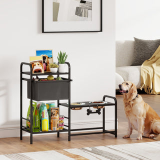 Hævet hundeskål, højdejusterbar, madskål med opbevaringsplads, vandskål, 2 x 800ml skåle i rustfrit stål, 89,5x27x74 cm, sort