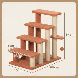 4-trins kattetrappe med kradsetræ til kæledyr op til 5 kg, hundetrappe med legebold, plys, brun, 60 x 40 x 64 cm
