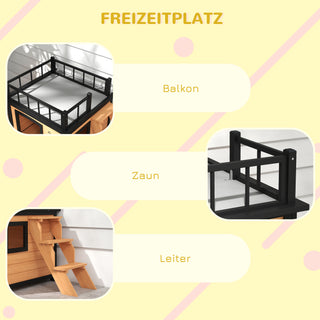 Hundehus, Hundehus med Balkon, Trappe, Vindue, Hundehule til Små/Mellemstore Hunde, Grantræ, Gul, 121x77x78cm