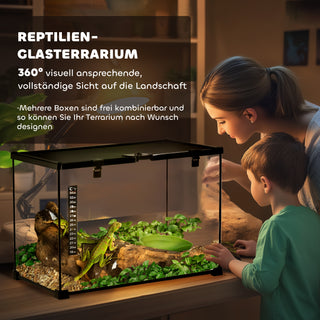 Terrarium til Krybdyr 50 x 30 x 35 cm, Foderkasse i Glasterrarium til Krybdyravl, Metalstruktur