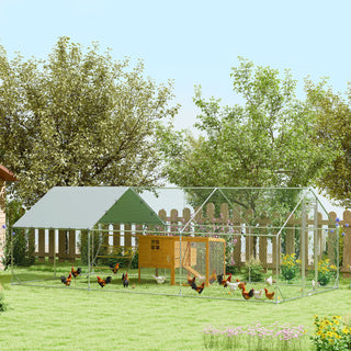 Hønsehus til fritgående høns lavet af stål, 300 x 600 x 195 cm hønsebur med UV-bestandigt overtræk, foderlem, hængende foderautomat, siddepind, hønsegård til 18-24 høns, små dyr, sølv