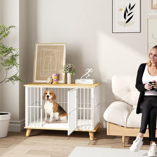 Hundebur til Hjemmet, Låsbart Hundehus med Hynde, Hundebur med Dør, Hundehus til Mellemstore Hunde Under 15 kg, Eg, 86 x 60 x 70 cm