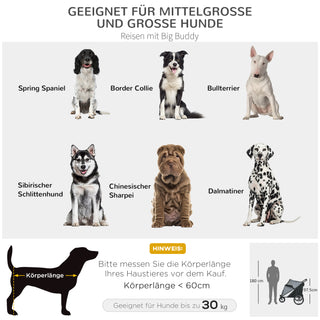 Hundeklapvogn med Netvinduer, Sammenklappelig Katteklapvogn med Sikkerhedsline, Store Gummihjul til Mellemstore og Store Hunde op til 30 kg, Oxford, Grå