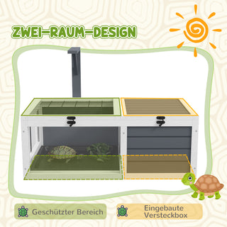 Skildpaddehus, krybdyrkasse med 2 rum, låg, plastbakker, vindue, træ, grå