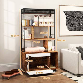 2-i-1 kattebakke, kattebakke med 3-lags hylde, kradsetræ, hængslet dør, kattehus til katte under 6 kg, 80 x 48 x 152 cm, rustik brun