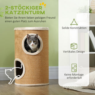 Kradsetønde til Katte, 60 cm høj kattetønde med 2 huler, Kradsetræ, Sisal kattetårn, til katte op til 5 kg, Brun