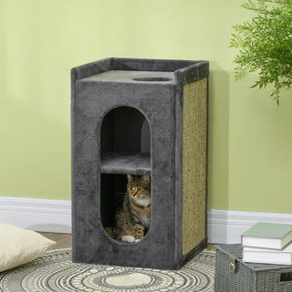 Kradsetønde til Katte med 2 kattehuler og 2 niveauer, Liggeplads med Sisal kradsemåtte, Plysdesign, 45x45x81 cm, Mørkegrå til Kateelskere