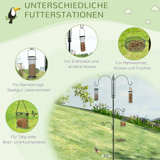 Fuglefoderstationssæt med fuglebad og foderskål, komplet fodersøjle, fuglefoderautomat med 4 kroge, stålsort