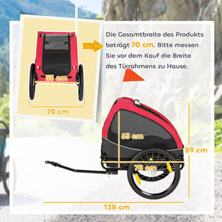 Sammenklappelig hundetrailer med reflekser, netvindue, hjul, dør, sikkerhedsflag til hunde op til 20 kg, 138x70x89 cm, rød