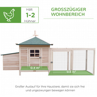Hønsehus til bantamhøns 196 x 76 x 97 cm, hønsehus med redekasse, løbegård, siddepind, smådyrsbur af træ, natur