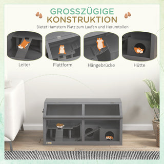 Hamsterbur, Smådyrsbur Af Træ, Hængebro, Stiger, Hytte, 84 x 45 x 44 cm, Til Dværghamstere, Grå