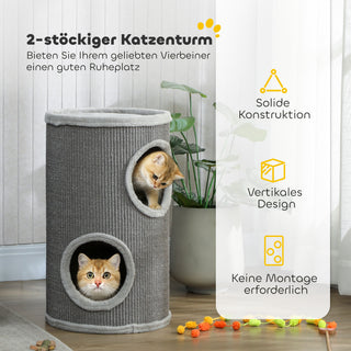 Kradsetønde, 60 cm høj, Ø 35 cm, toetagers kattetønde med 2 huler, plyskant, til 1-2 katte op til 5 kg, lysegrå