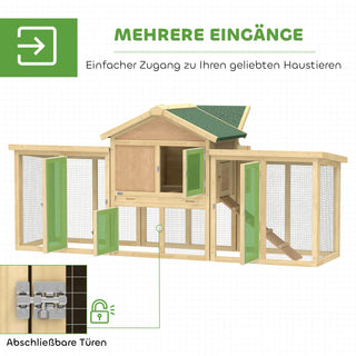 Træhønsehus med redekasse, vandtæt tag, siddepind, løbegård, rampe, 204x85x93 cm, naturtræ